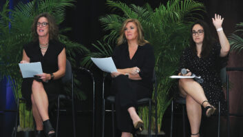 Panelists (from left) Katye McGregor Bennett, Sarah Dresher, and Sarah Dresher discussed the growing importance of AV technology knowledge for interior designers.