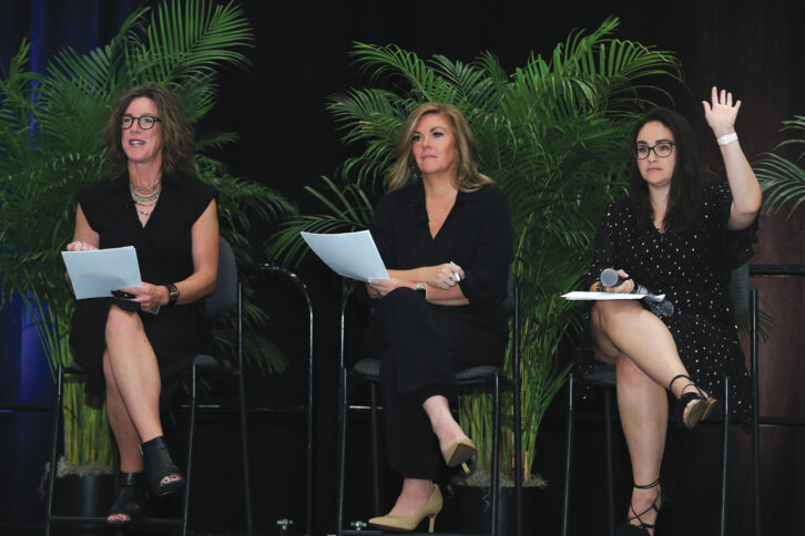 Panelists (from left) Katye McGregor Bennett, Sarah Dresher, and Sarah Dresher discussed the growing importance of AV technology knowledge for interior designers.